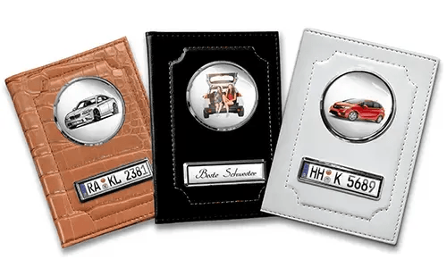 Standard car document holder with car/photo and license plate for your sister
