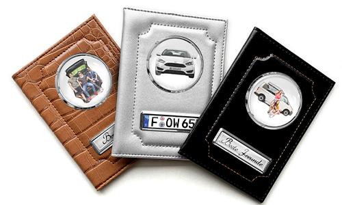 Standard car document holder with car/photo and license plate for your best friends