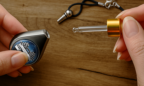 Close-up of hands holding a car perfume pendant with a car photo and a dropper of scented oil while refilling it