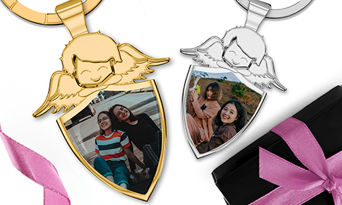 Guardian angel keychain shield with best friends photo