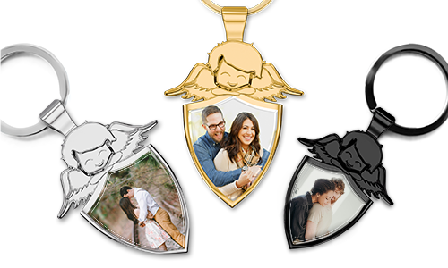 Guardian angel keychain shield with couple photo