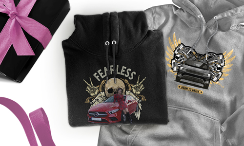 Personalised hoodie with car motif for your sister