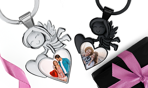 Guardian angel keychain with lovely couple photo in a heart