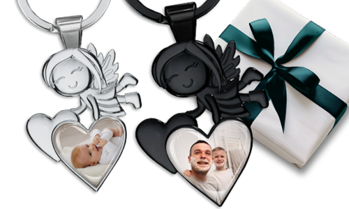 Guardian angel keychain with photo of son in a heart