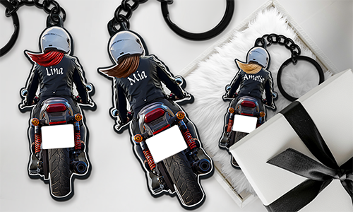 Personalisierter Motorradschlüsselanhänger mit Name u. Kennzeichen - Geschenk für deine Schwester