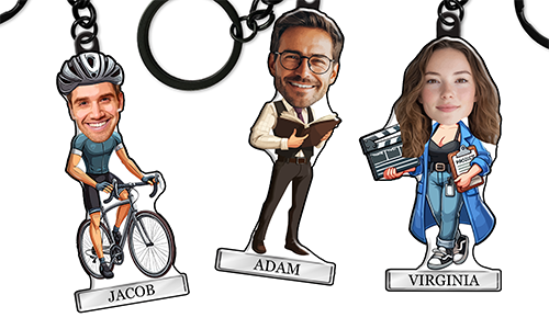 Llavero personalizado en estilo cómic con nombre y motivo de pasatiempo o profesión