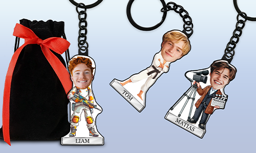 Llavero personalizado en estilo cómic con nombre e imagen de pasatiempo o profesión