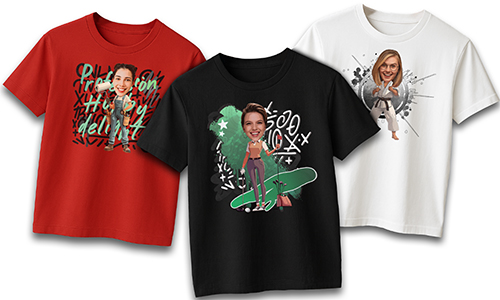 Three graphic t-shirts: red with graffiti caricature, black with skateboard design, white with martial arts pose