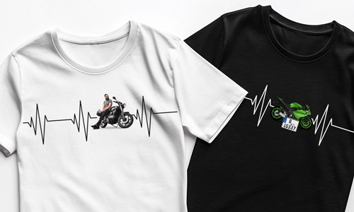 Gepersonaliseerd T-shirt voor een motorrijder met foto van de motor en nummerplaat