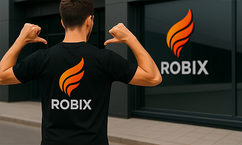 Person peger på personlig sort T-shirt med “ROBIX” flame logo der matcher branding på bygningsvindue i baggrunden.