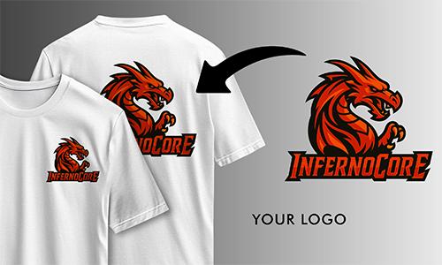 To hvide personlige T-shirts med skrækindjagende “INFERNOCORE” dragon logo vist forfra og bagfra med placeringspil.