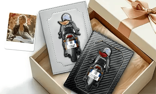 Personalised document holder for motorcycle with name and license plate - great gift for your wife