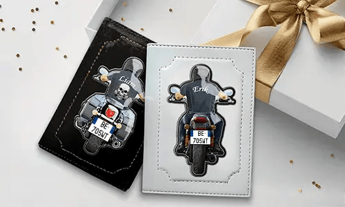 Vehicle registration document cover for motorcycle with dad's name and license plate number