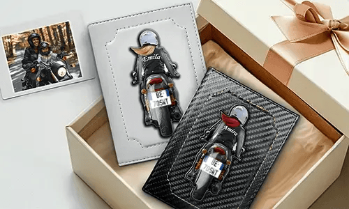 Vehicle registration document cover for motorcycle with mother's name and license plate number