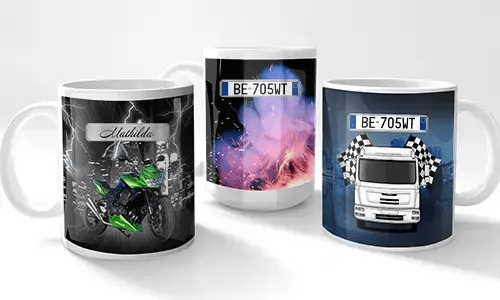 Three vehicle-themed mugs: green motorcycle with lightning and 
