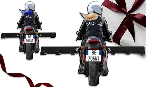 Unique keyholder-wall for a wife motorcyclist with her name and licence plate