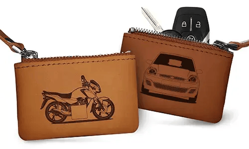 Two brown leather key pouches with zippers: one with motorcycle and plate 