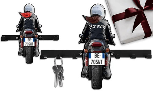 Motorfiets sleutelhanger voor aan de muur met de naam van je moeder en je kenteken
