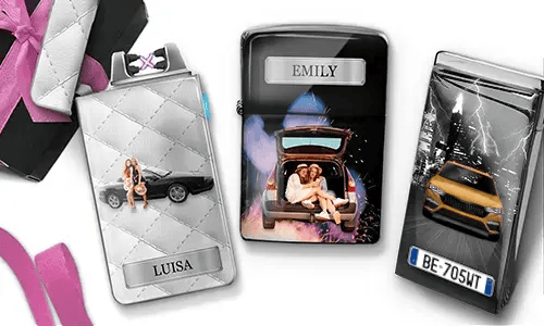 Drei personalisierte Feuerzeuge mit Auto-Motiven und den Namen „Luisa“ und „Emily“ sowie rosa Akzenten. Die Verpackung verleiht eine festliche Stimmung.