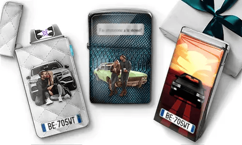 Custom cigarette cases with personalized images and license plates. Features couples with cars, a gift box, and a sign reading 