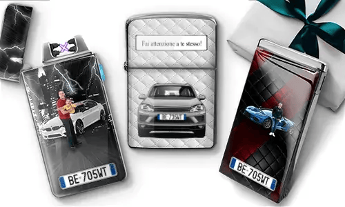 Personalized car lighters with dad photos, vehicles, license plates, and “Hab dich lieb, Papa!” design