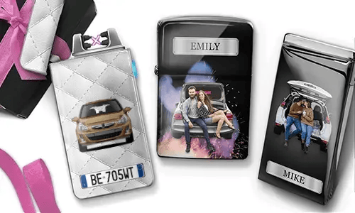 Three personalized cigarette cases are displayed. The first shows a car with a license plate. The second features a couple sitting on a car, labeled 