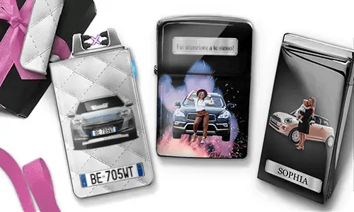 Three personalized stainless steel lighters featuring custom mother photos, cars, and “Beste Mama” messages.