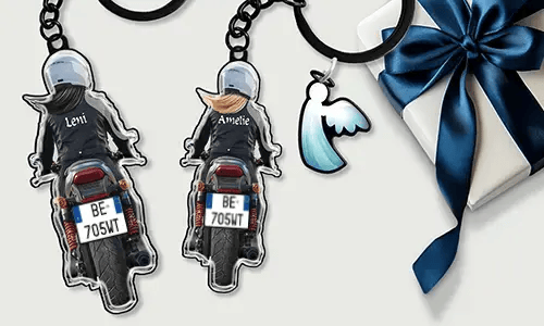 Gepersonaliseerde motorsleutelhanger met naam en kenteken - cadeau voor je zus