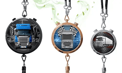 Three pendant necklaces with truck designs: blue truck with cityscape, silver truck with racing theme, white truck in tunnel