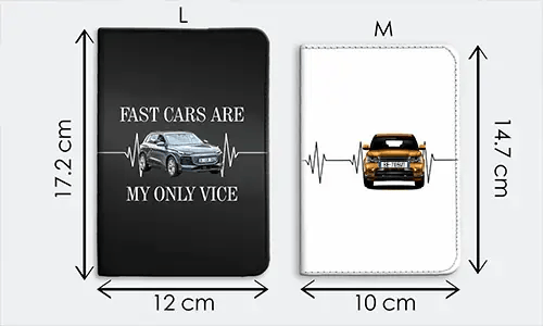 Dwie okładki na notatnik L i M: czarna 17,2x12 cm z autem i cytatem FAST CARS, biała 14,7x10 cm z grafiką auta