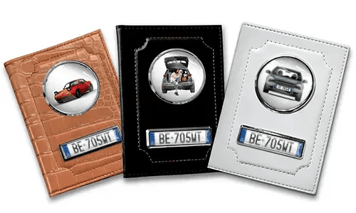 Personalized car documents holder for wife in black, white and brown leather