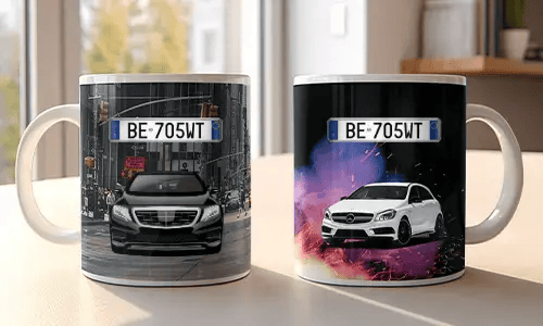 Two white mugs with car-themed prints: red BMW in urban setting, white Mercedes with sparks and colorful background