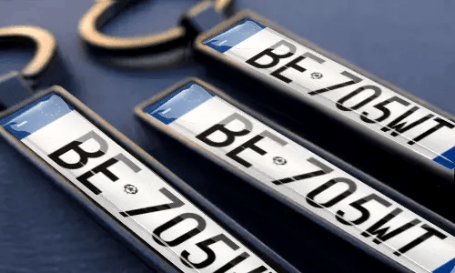 Llavero personalizado de placa de matrícula muestra números grabados y texto personalizado en marcos de metal