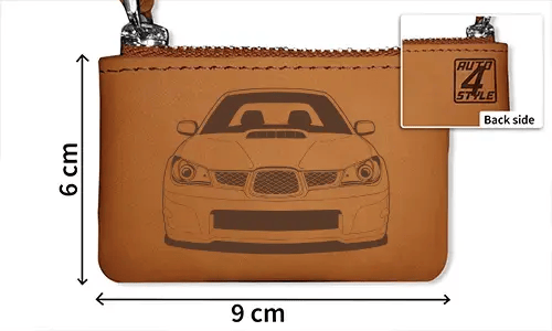 Brown leather pouch with zipper, printed car front and plate 