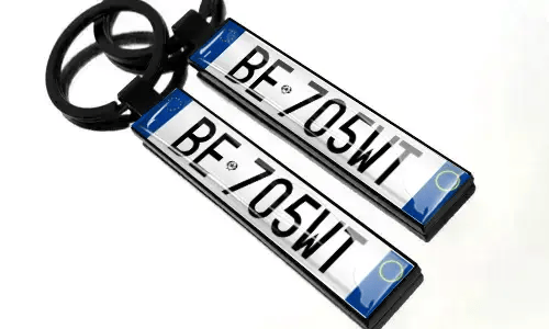 Plate number keychains with black key rings