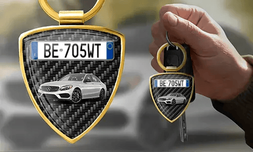 Shield photo keychain with custom car photo and license plate