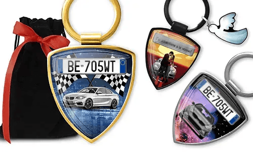Shield photo keychains with personalized car designs