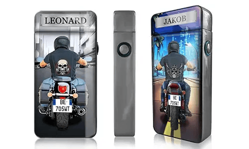 Two rectangular biker-themed devices show motorcyclists from behind. Each biker wears a skull-print shirt and rides on an urban road. Names 