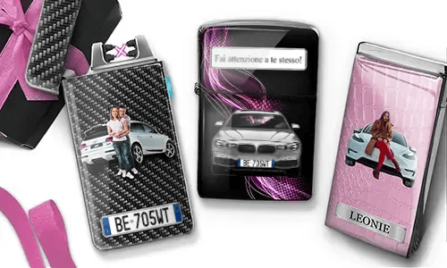 Three lighters with car-themed designs, featuring images of cars and people, against black and pink backgrounds, exuding a stylish, modern vibe.