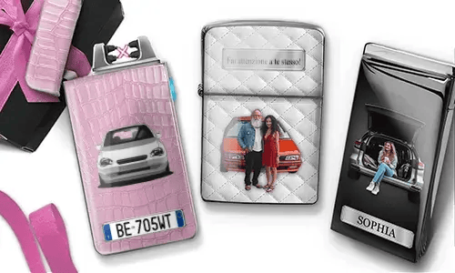 Two custom car-themed lighters featuring personalized family photos and unique designs