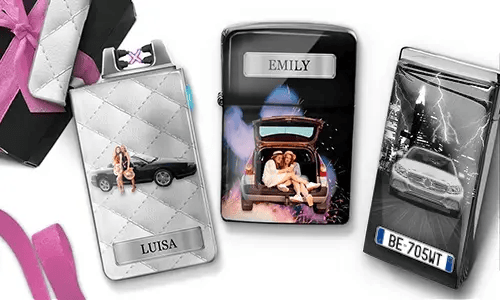Three personalized lighters featuring car images and names 