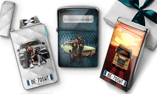 Custom cigarette cases with personalized images and license plates. Features couples with cars, a gift box, and a sign reading 