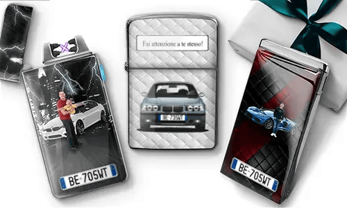 Three personalized car lighters with custom photos, license plates, and unique automotive designs.