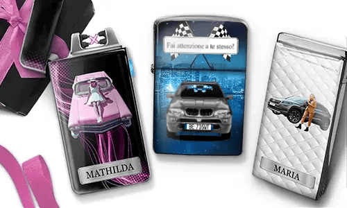 Three rectangular metallic containers with car-themed designs. One shows a pink car and a woman labeled 