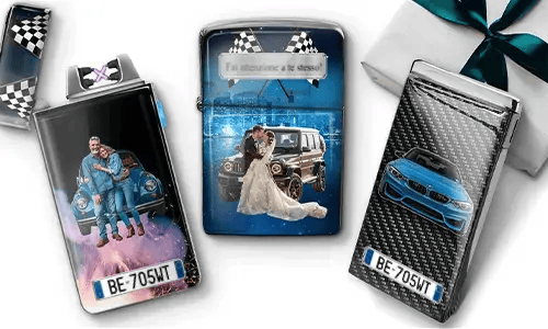 Three custom lighters with car and couple images. Left: dancing couple; center: wedding theme with car; right: sporty car. Gift-wrapped box nearby.