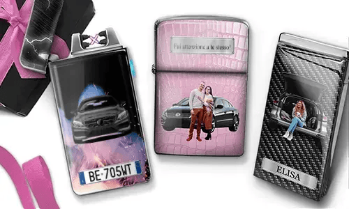 Three custom lighters with romantic car-themed designs: woman in trunk, couple in front of car, carbon-style car