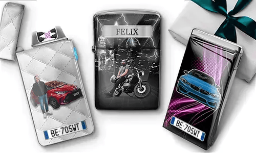 Personalized cigarette cases with different designs. One shows a man near a red car, another features a motorcyclist, and the last displays a blue car with a dynamic background.