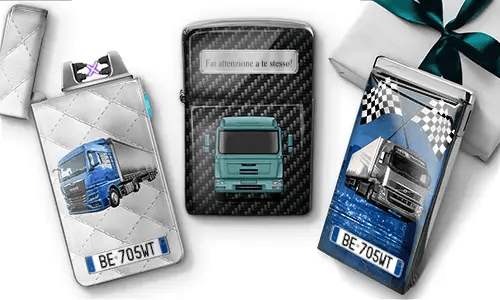 Three rectangular tins with truck designs: left has an orange sunset and truck, center features a green truck with 