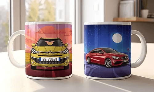 Two mugs on a table by a window. One mug features a yellow car with a sunset background, while the other shows a red car under a starry night sky.