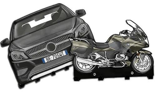 Cardboard cutouts of a black car and metallic motorcycle on stands, used for display or training